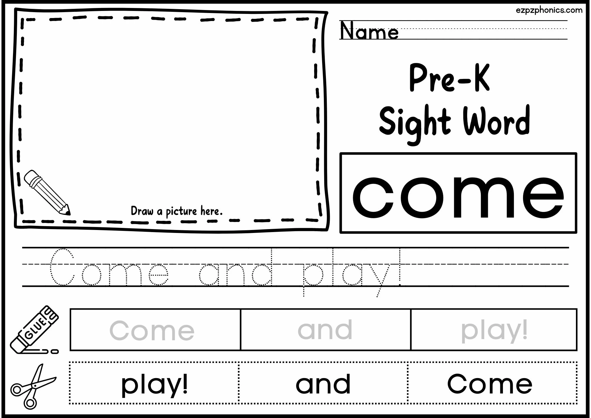 Come Dolch Sight Word Activity. Draw, Color, Cut and Paste, and Word Tracing.